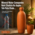 A terracotta clay water bottle and matching cup on a wooden surface, with promotional text in Hindi, a crossed-out plastic water bottle graphic, and a warm blurred background.